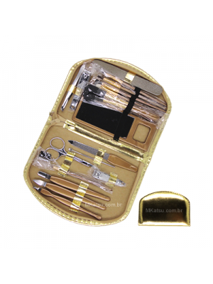 Estojo Acessórios para Unhas e Maquiagem Luxo Dourado - 17 Peças